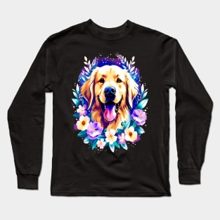 Cute Golden Retriever Surrounded by Beautiful Flowers Long Sleeve T-Shirt